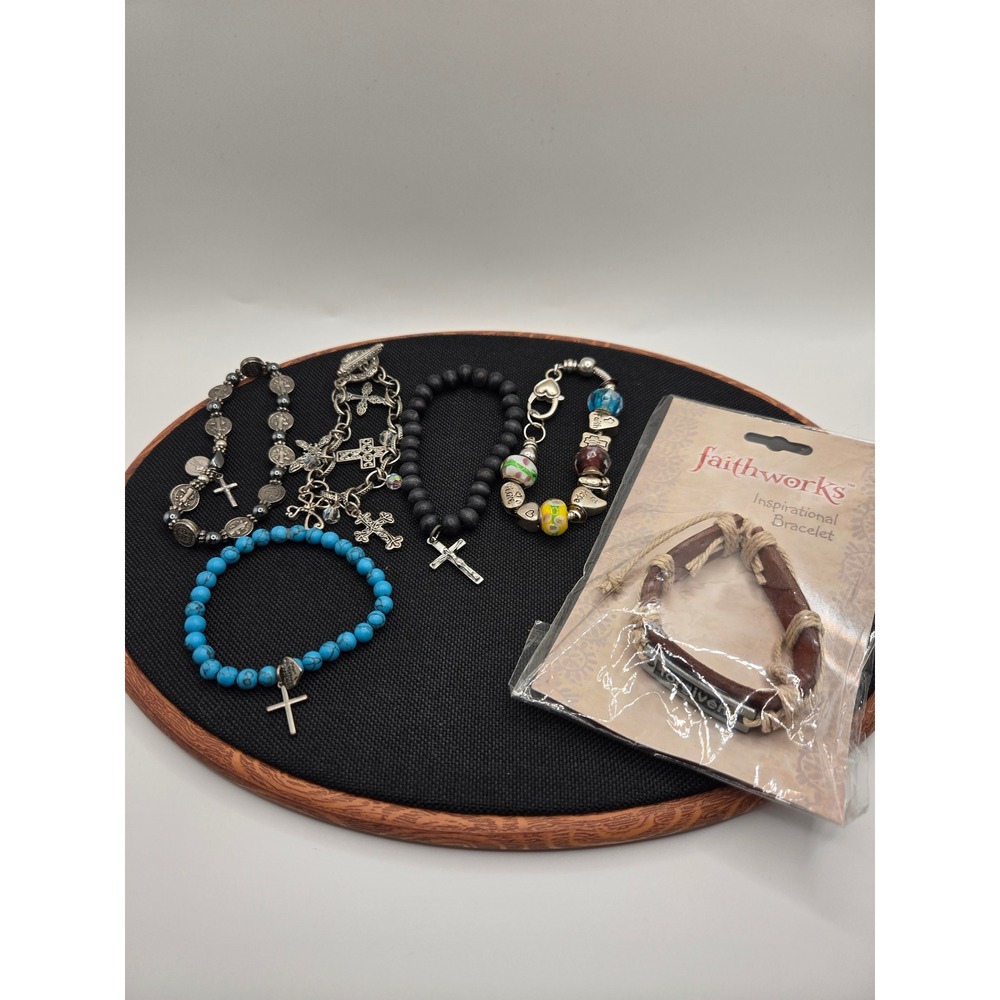 Religious Bracelet Lot 6pc Cross Faithworks Leather Stone Beaded Charms Mixed